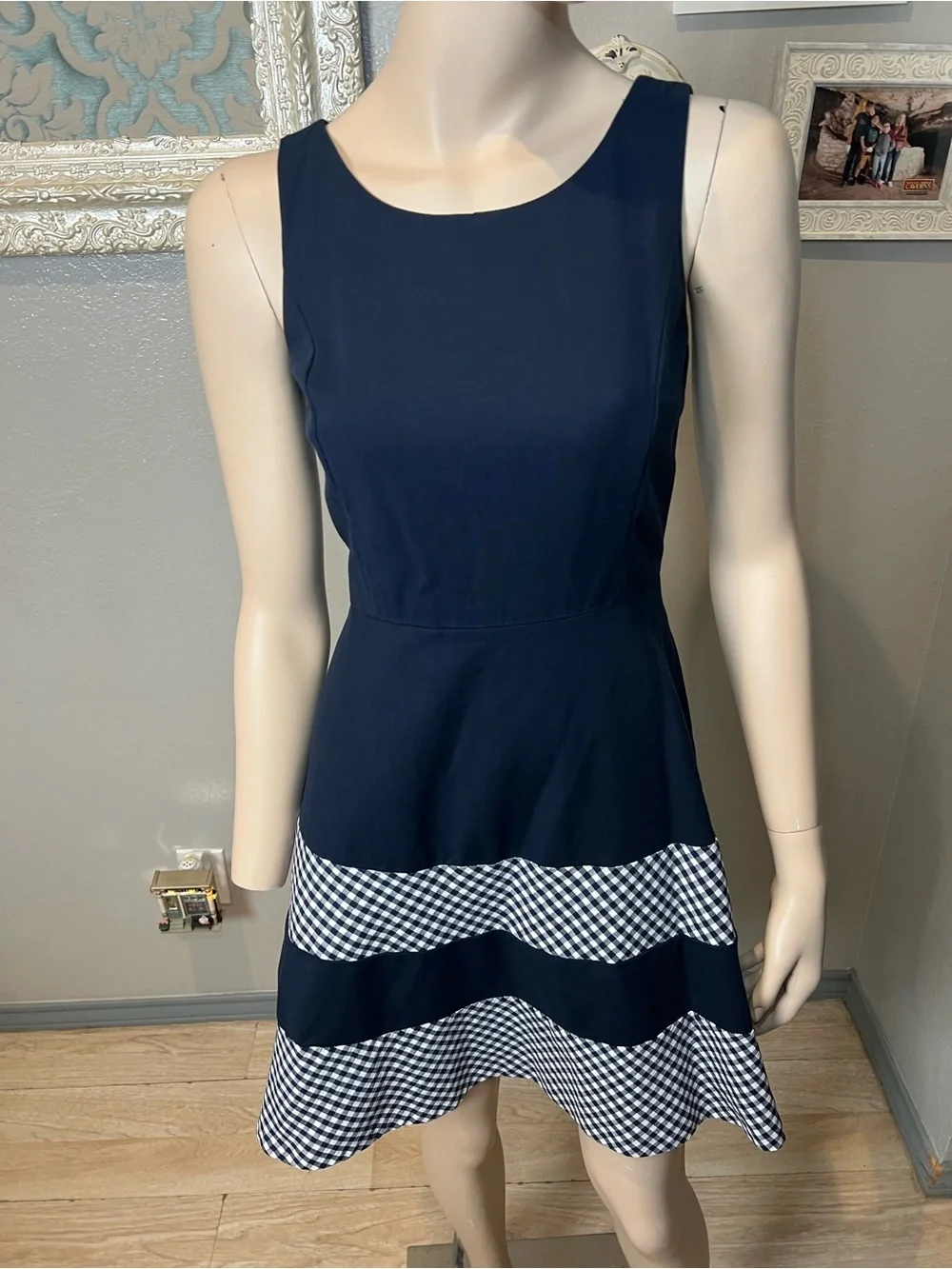 Tommy Hilfiger Navy Sleeveless Fit & Flare Dress with Gingham Trim